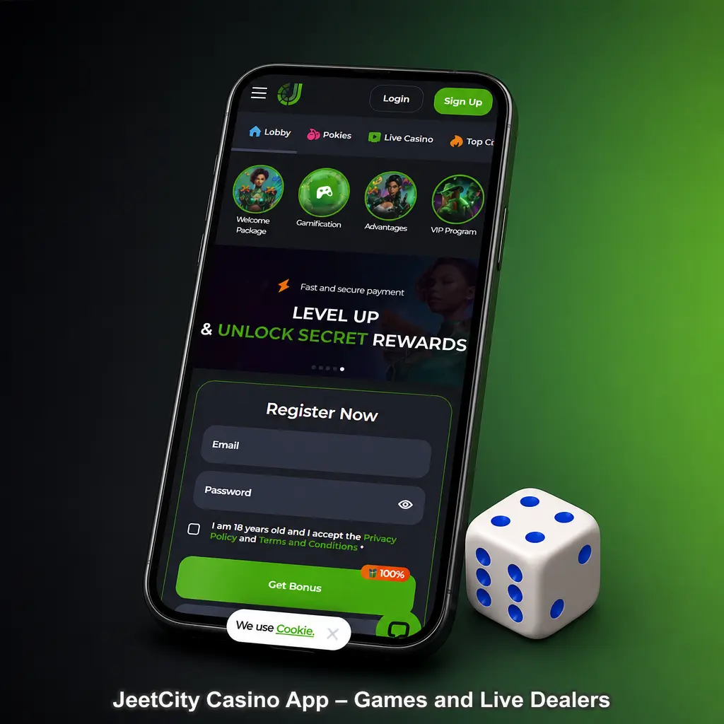 JeetCity casino app home screen showing 3000+ games, live dealer tables and promotions for Australian players