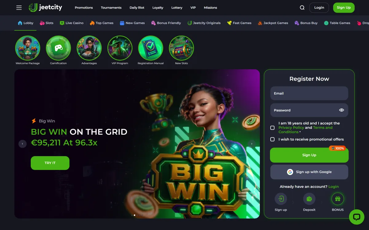 JeetCity casino lobby home page with the welcome offer