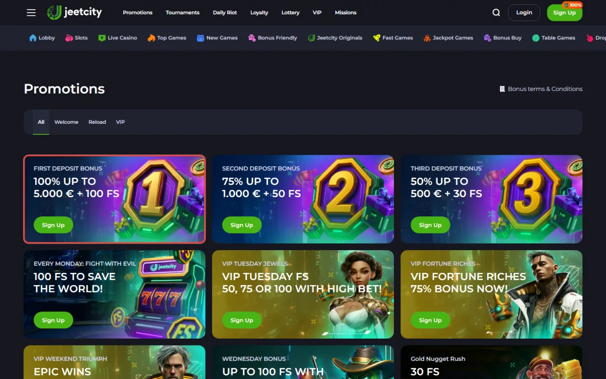 First deposit offer highlighted on the JeetCity promotions page