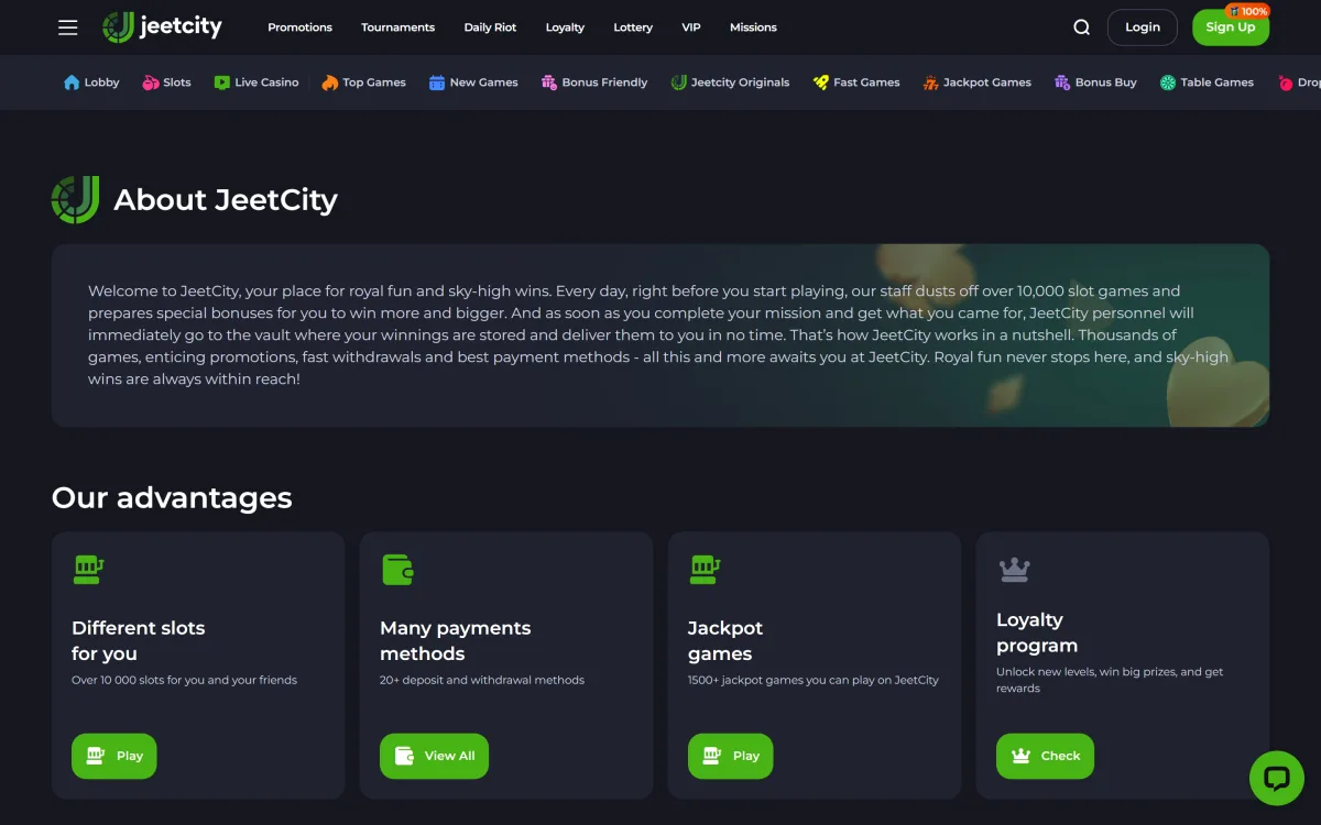About Us page describing the JeetCity casino brand