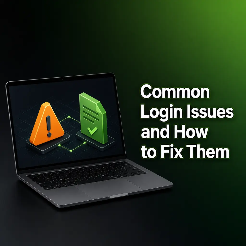 Troubleshooting guide showing common login issues and step-by-step solutions for password resets, verification, and account lockouts