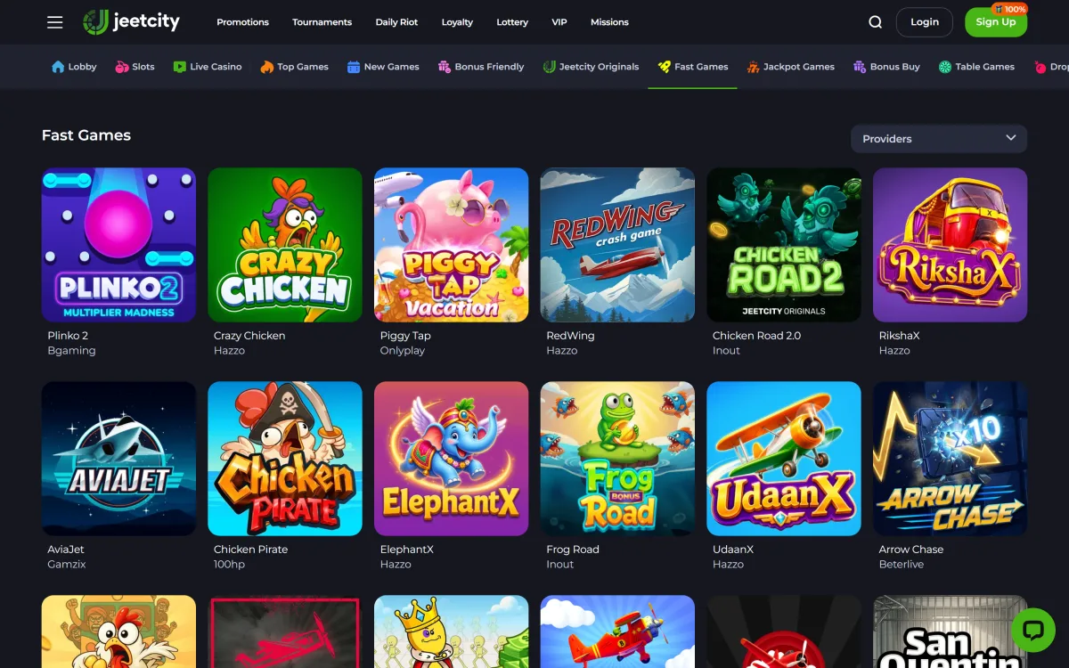 Fast games section with crash titles and JeetCity Originals