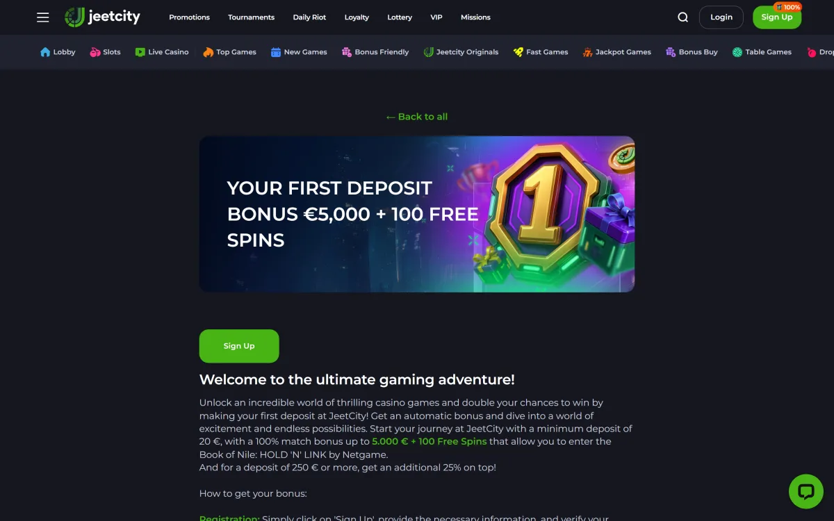 First deposit bonus page with wagering terms at JeetCity