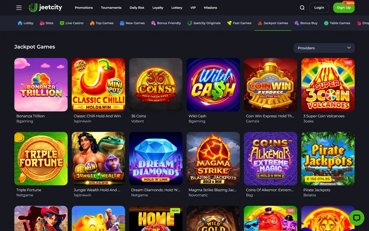 Jackpot games page with the total jackpot counter at JeetCity