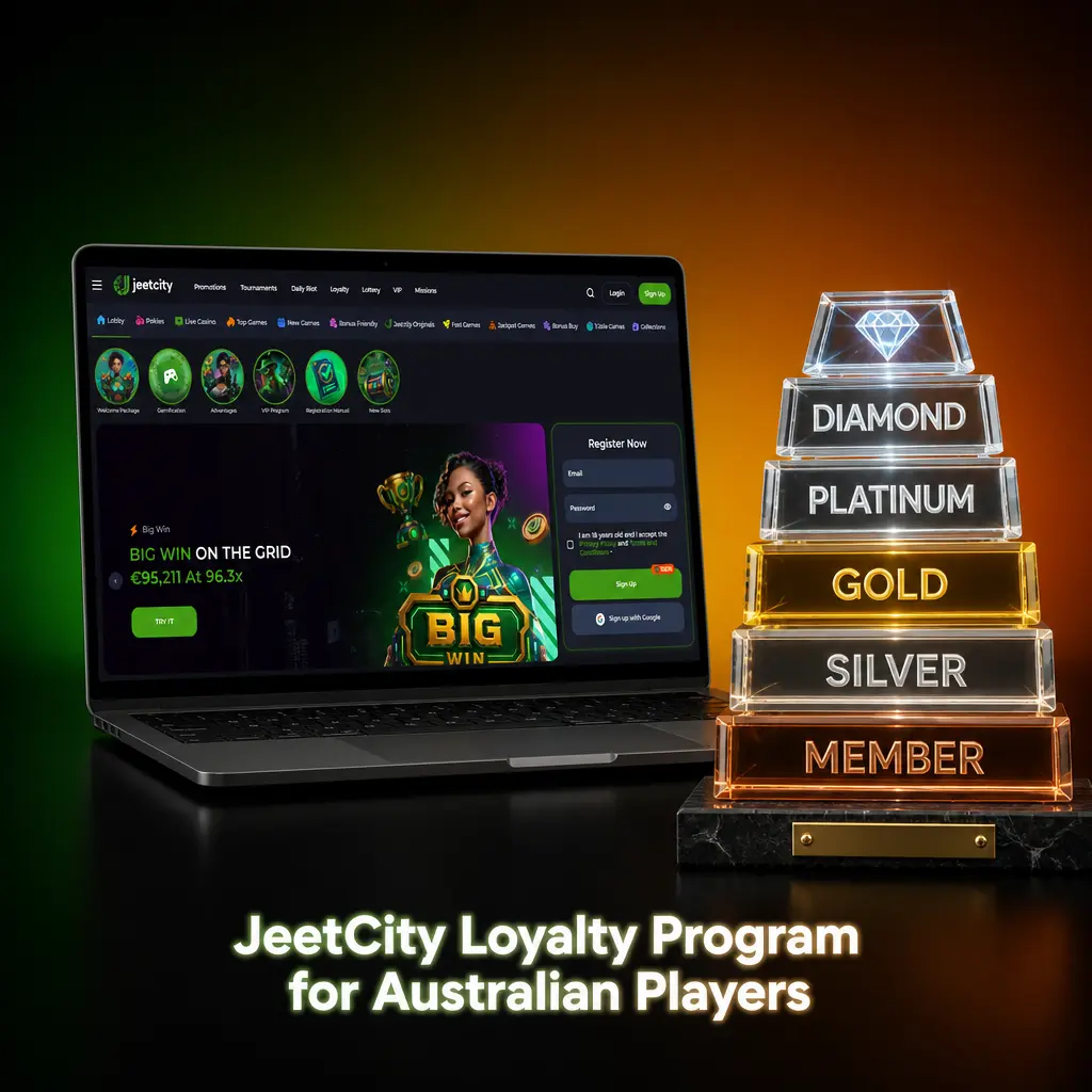 JeetCity loyalty program tier chart showing six levels from Bronze to Elite with cashback rates and rewards for Australian players