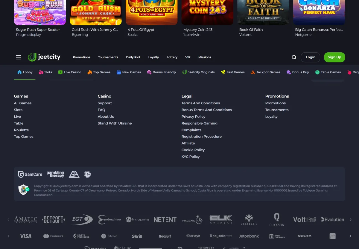 Payment method and provider logos in the JeetCity footer