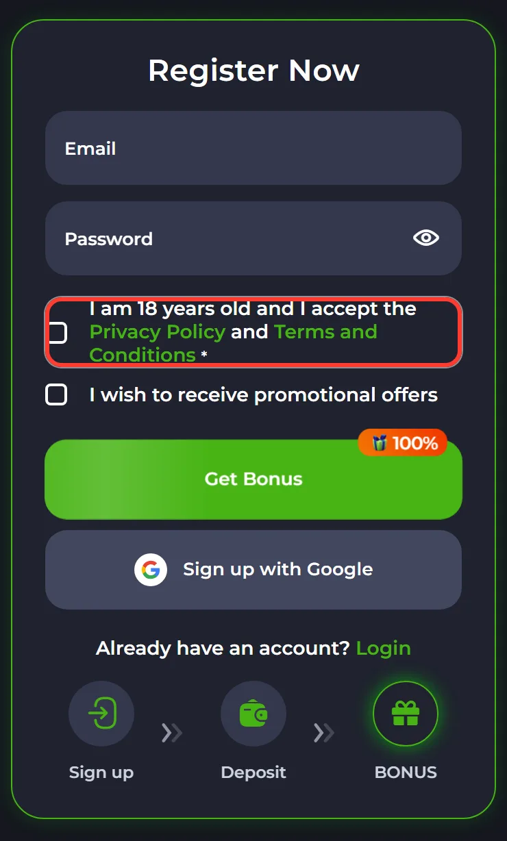 Age 18 and terms checkbox highlighted in the JeetCity registration form