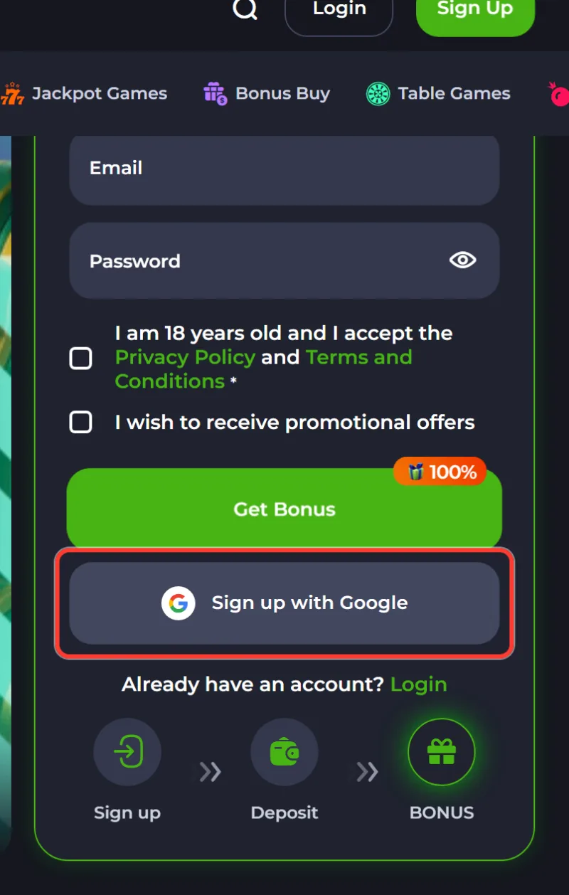 Sign up with Google option on the JeetCity registration form