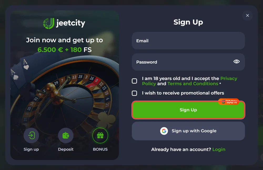 Sign Up button highlighted in the JeetCity registration window
