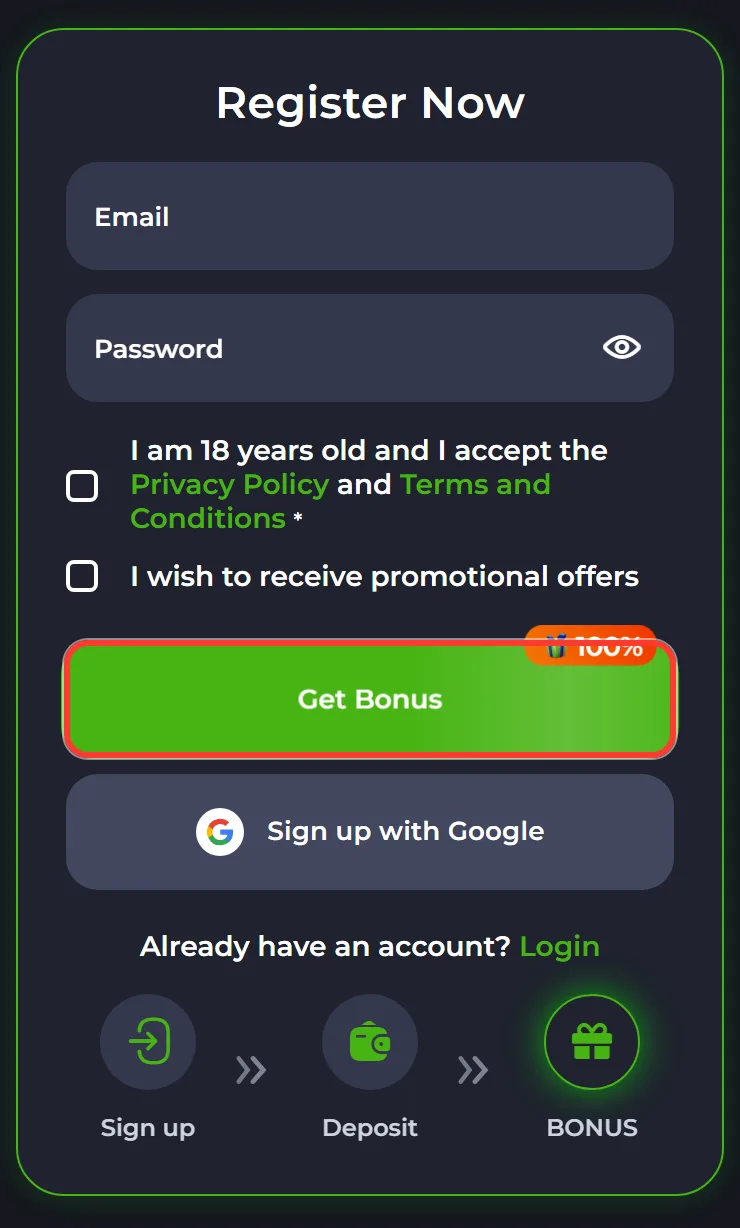 Get Bonus button that submits the JeetCity registration form