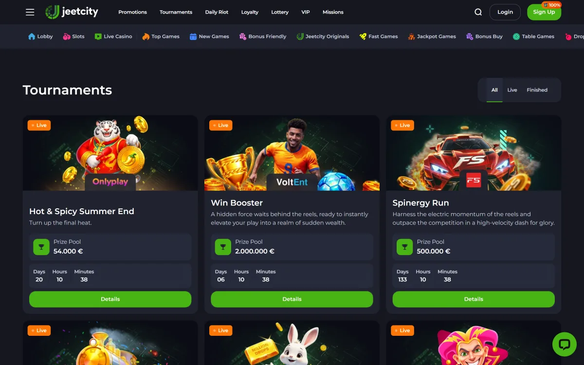 Live tournaments with prize pools and countdowns at JeetCity