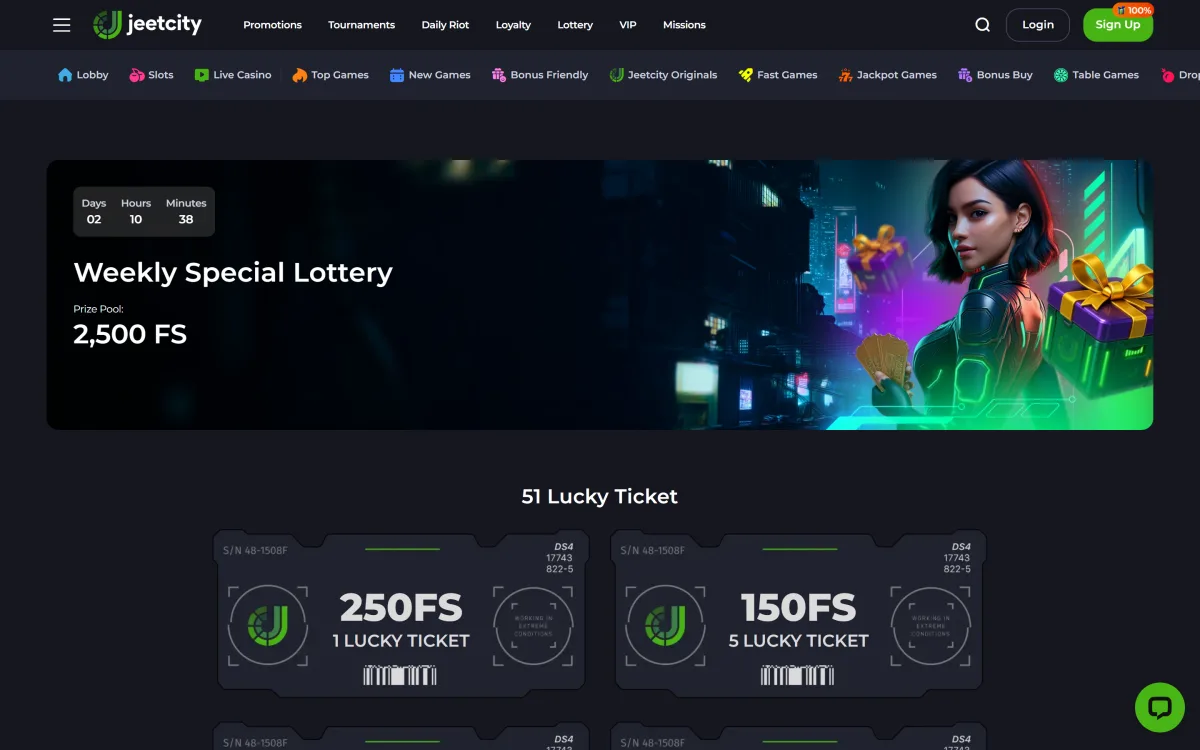 Weekly lottery page with free spin prizes at JeetCity