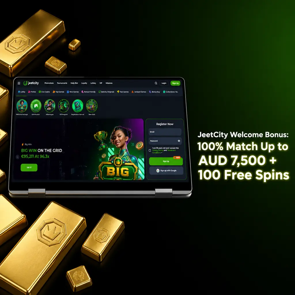 JeetCity welcome bonus offer of 100% match up to AUD 7,500 plus 100 free spins for new Australian players